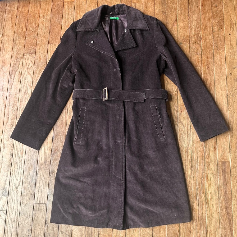 Vintage Minimalist United Colors‎ of Benetton Trench Coat Women S Corduroy Brown